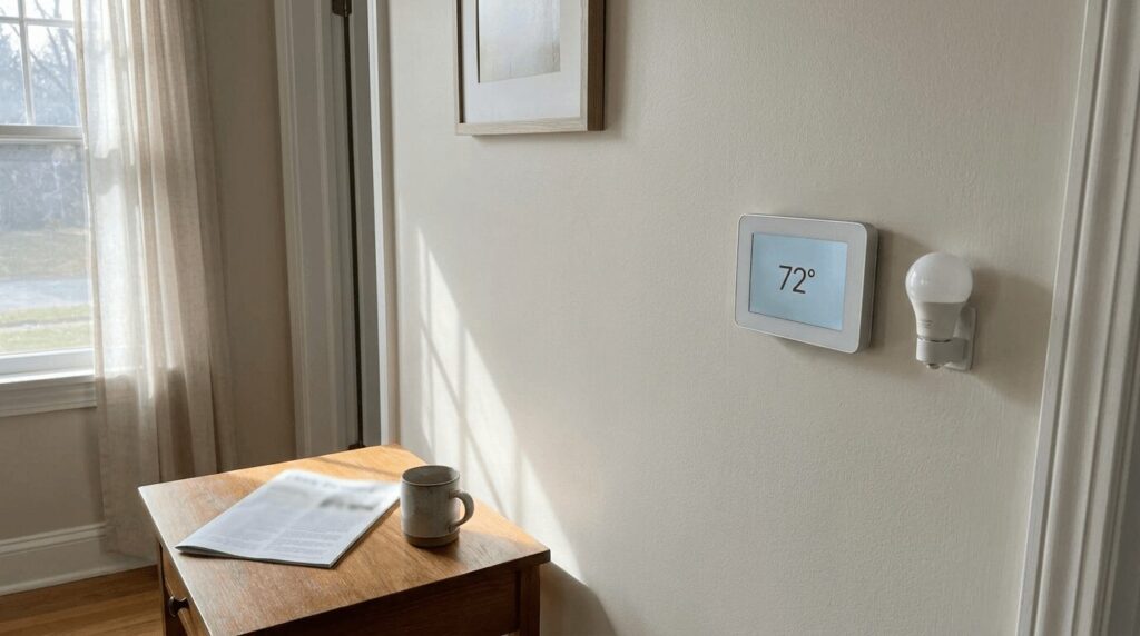 Smart thermostat and home energy planning details in a clean living space.