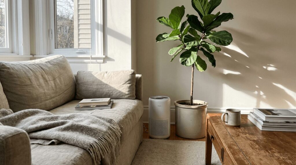 Clean living room with air purifier and natural light for indoor air quality improvement.