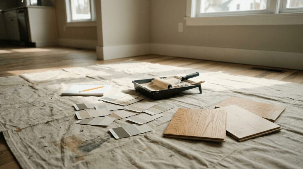 Paint samples, flooring samples, and renovation tools arranged for healthier home material planning.