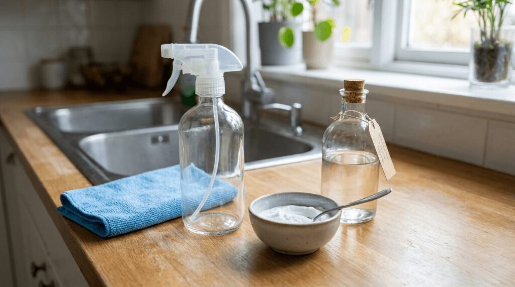 Simple natural cleaning supplies on a clean kitchen counter.